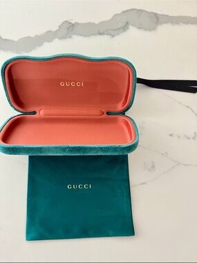 Gucci velvet eyewear case in teal exterior and coral interior